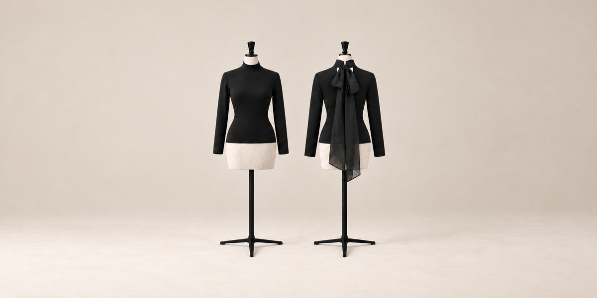 Boulevard Turtleneck, fitted long-sleeve stretch-knit turtleneck closed at the back of the neck with a silk scarf tied in a bow, made in Italy by The Ethos Studio