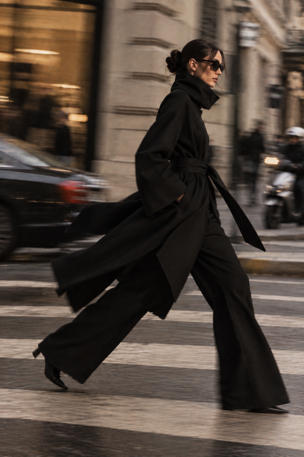 Obsidian Coat and Column Pants, long belted virgin wool coat with a funnel neck over high-waisted wool palazzo pants, made in Italy by The Ethos Studio
