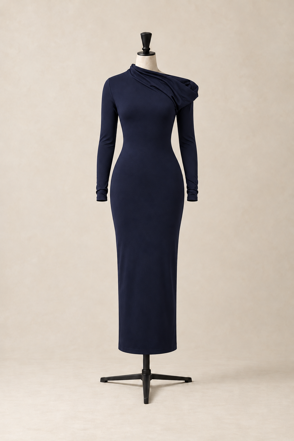 Sosa Dress in Navy, figure-hugging midi dress with long sleeves and an asymmetric off-shoulder neckline, made in Italy by The Ethos Studio