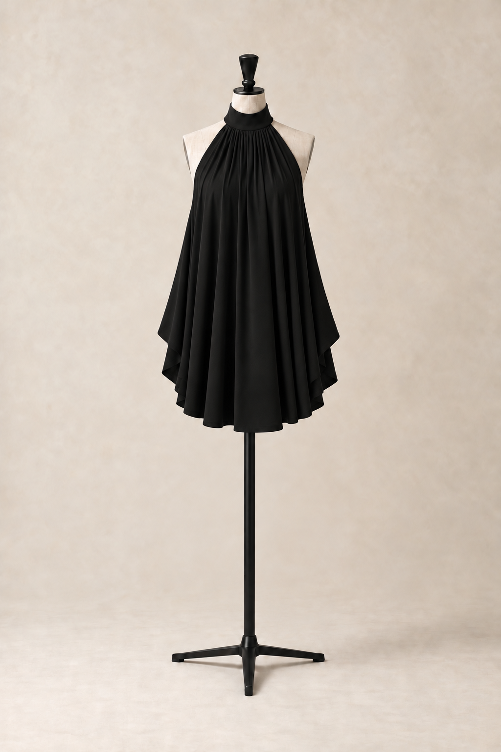 Vignette Mini/Top in Black, halter mini dress or long top with a high gathered neckline and soft pleats, made in Italy by The Ethos Studio