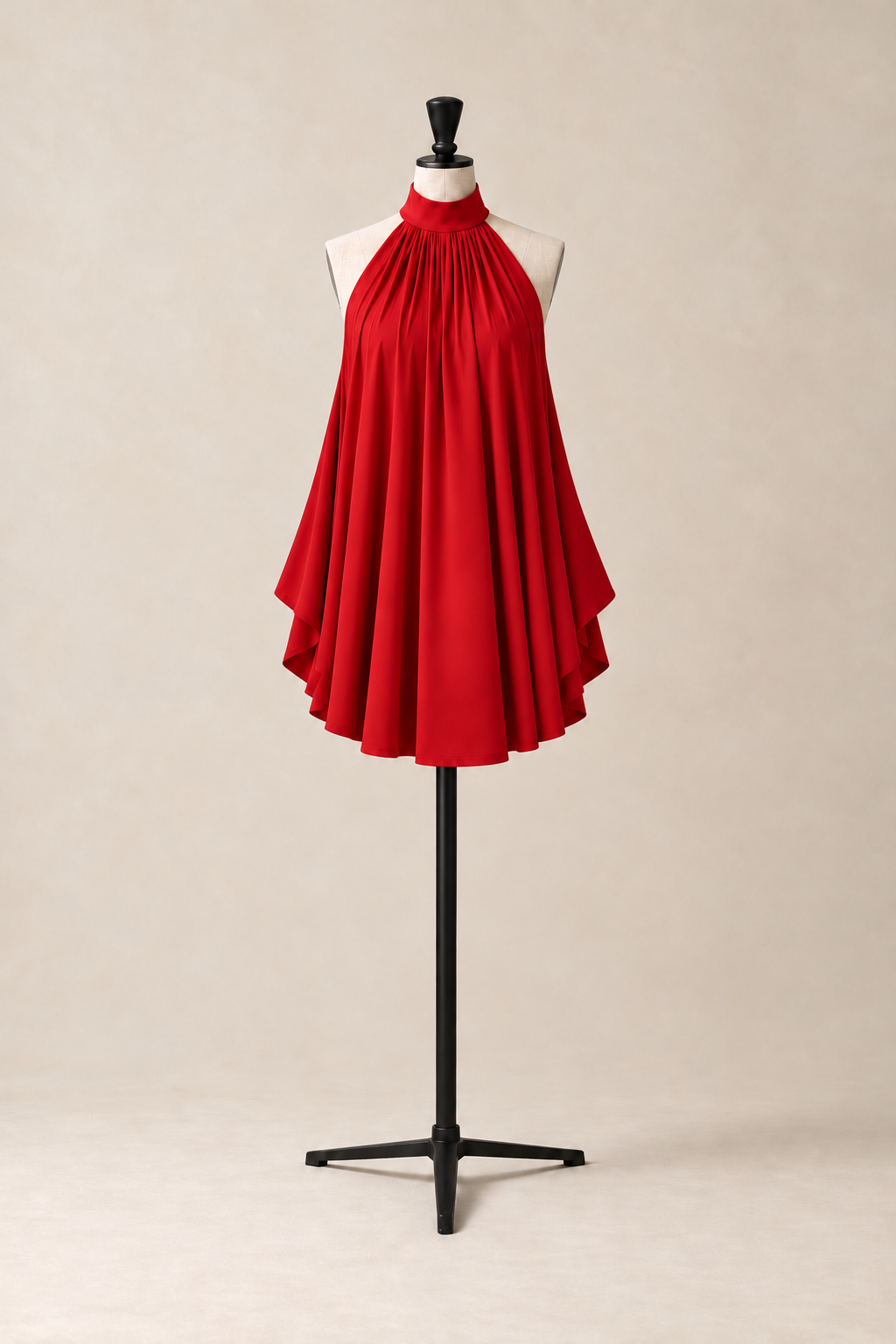 Vignette Mini/Top in Red, halter mini dress or long top with a high gathered neckline and soft pleats, made in Italy by The Ethos Studio