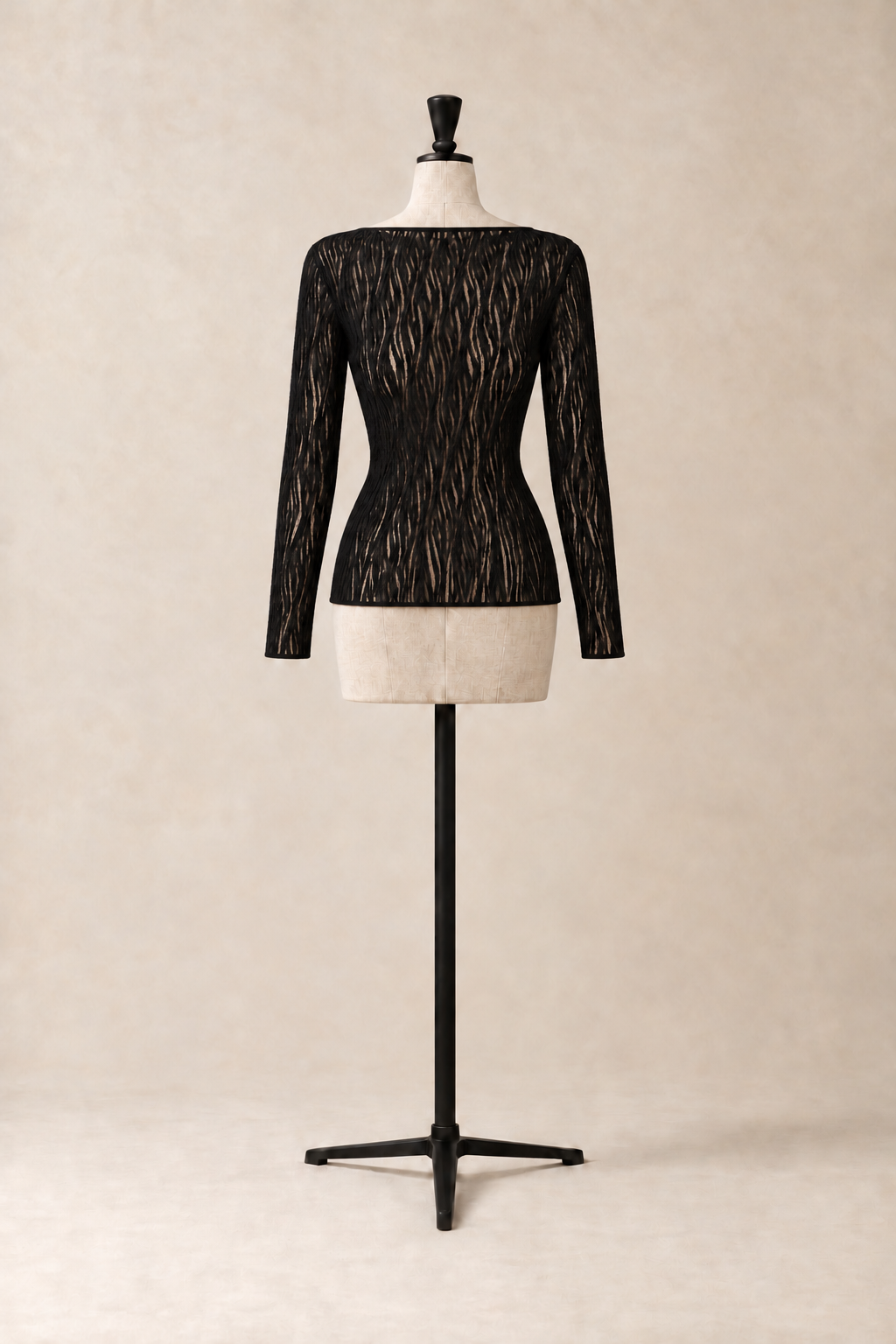 Alley Top, fitted boat-neck top in sheer rippled lace with long sleeves and frilled edges, made in Italy by The Ethos Studio