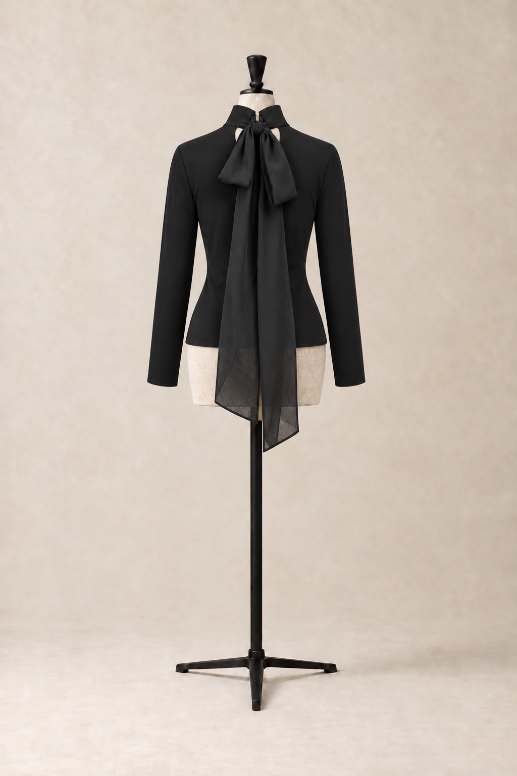 Boulevard Turtleneck, fitted knit turtleneck closed at the back of the neck with a silk scarf tied in a bow, made in Italy by The Ethos Studio