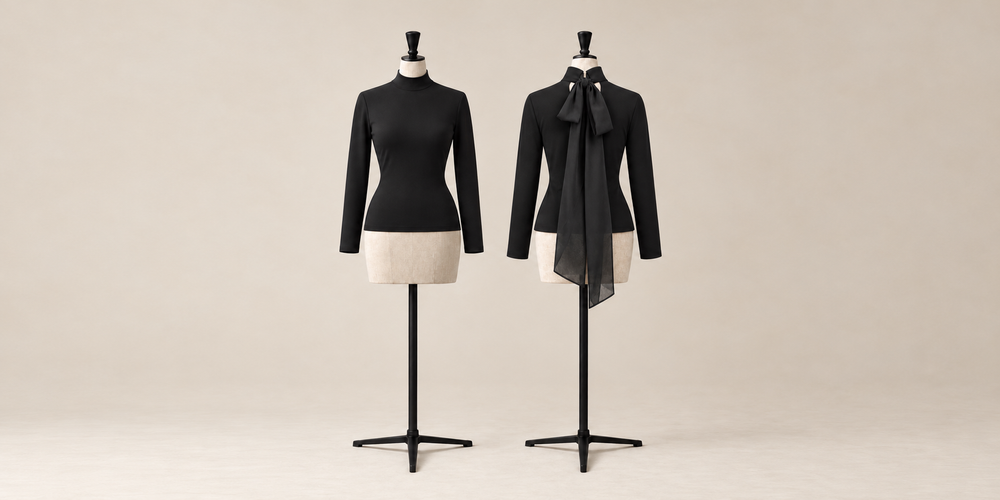 Boulevard Turtleneck, fitted long-sleeve stretch-knit turtleneck closed at the back of the neck with a silk scarf tied in a bow, made in Italy by The Ethos Studio