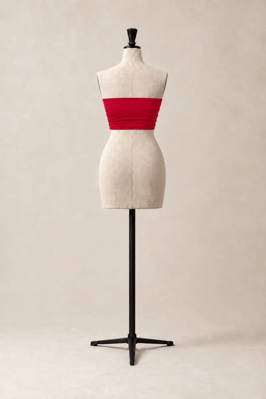Fascia in Red, back view on a mannequin of the strapless tube top in fluid viscose, made in Italy by The Ethos Studio