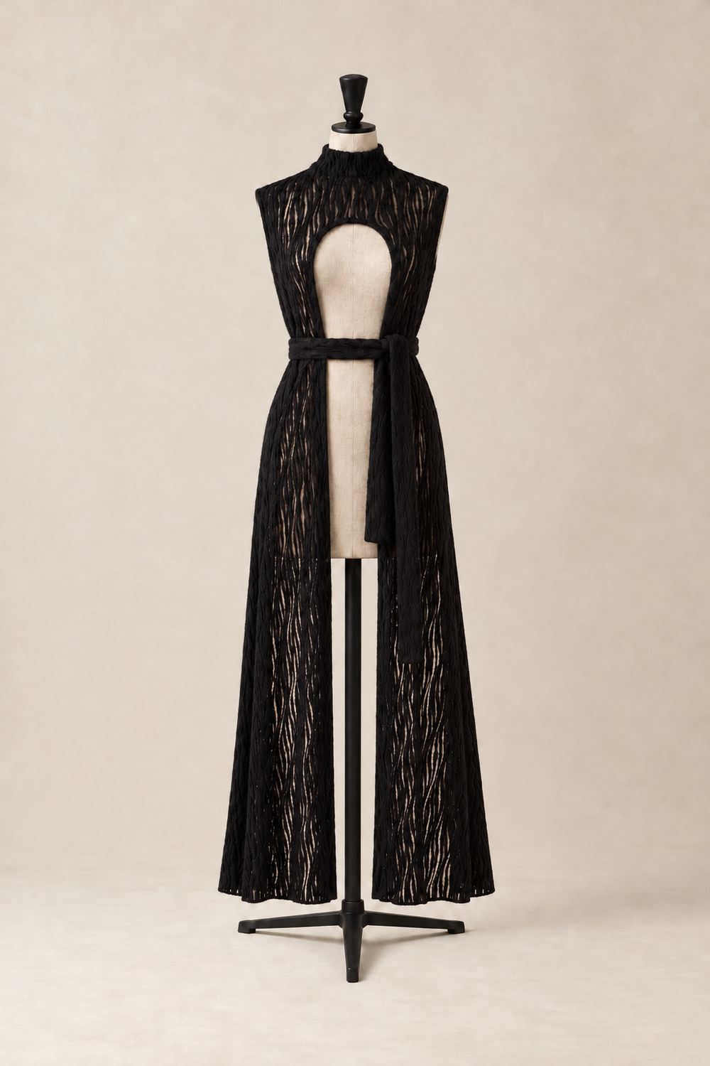 Black Maria Waistcoat by The Ethos Studio, sheer textured long waistcoat with front cut-out and tie belt, front view