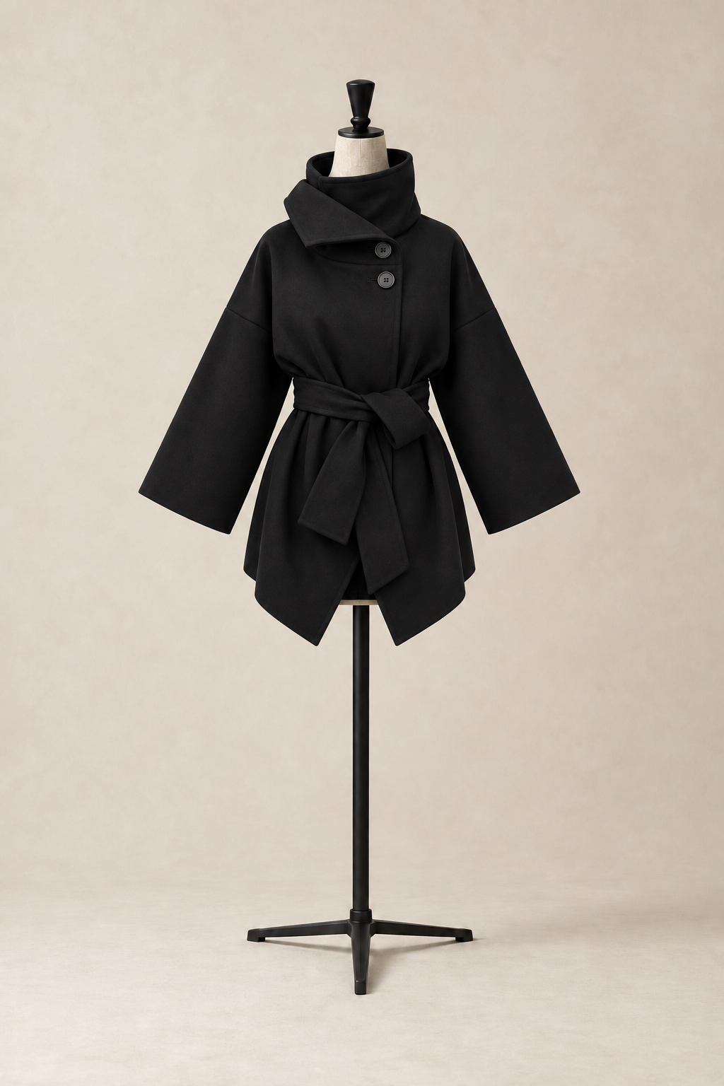 Nocturne Coat in Black, oversized virgin wool coat with a funnel neck, kimono sleeves and a self-tie belt, made in Italy by The Ethos Studio