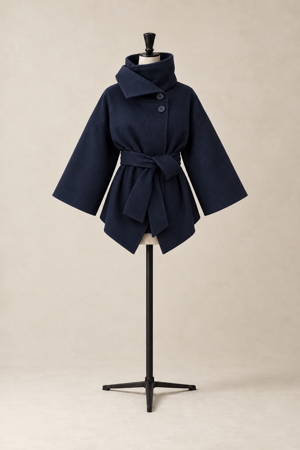 Nocturne Coat in Navy, oversized virgin wool coat with a funnel neck, kimono sleeves and a self-tie belt, made in Italy by The Ethos Studio