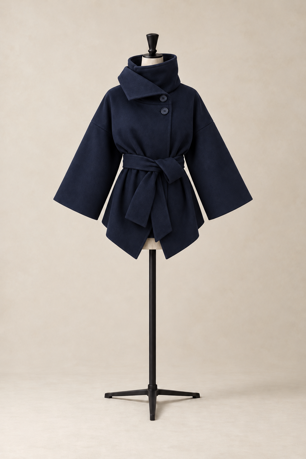 Nocturne Coat in Navy, oversized virgin wool coat with a funnel neck, kimono sleeves and a self-tie belt, made in Italy by The Ethos Studio