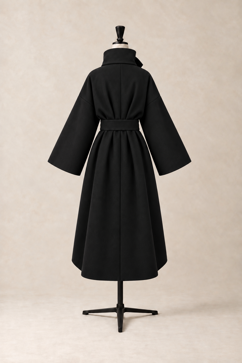 Obsidian Coat, long belted virgin wool coat with a pointed asymmetric hem below the knee, made in Italy by The Ethos Studio