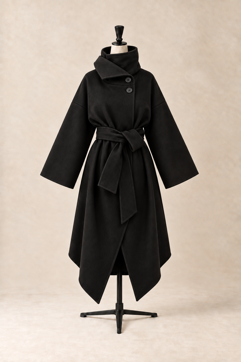 Obsidian Coat in Black, long virgin wool coat with a funnel neck, wide kimono sleeves and a self-tie belt, made in Italy by The Ethos Studio
