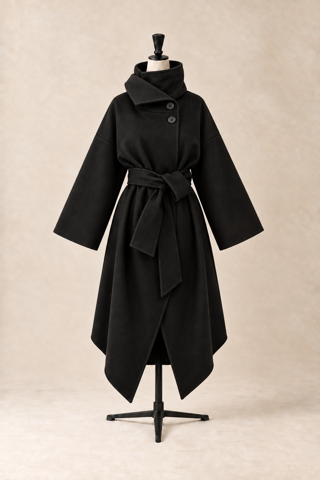 Obsidian Coat in Black, long virgin wool coat with a funnel neck, wide kimono sleeves and a self-tie belt, made in Italy by The Ethos Studio
