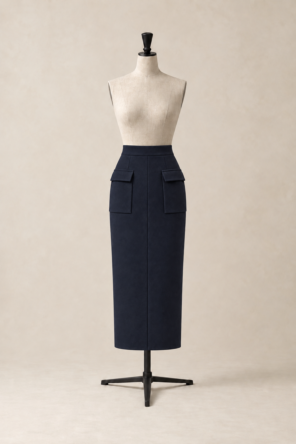 Pillar Skirt in Navy, high-waisted virgin wool midi pencil skirt with a topstitched centre seam and flap pockets, made in Italy by The Ethos Studio