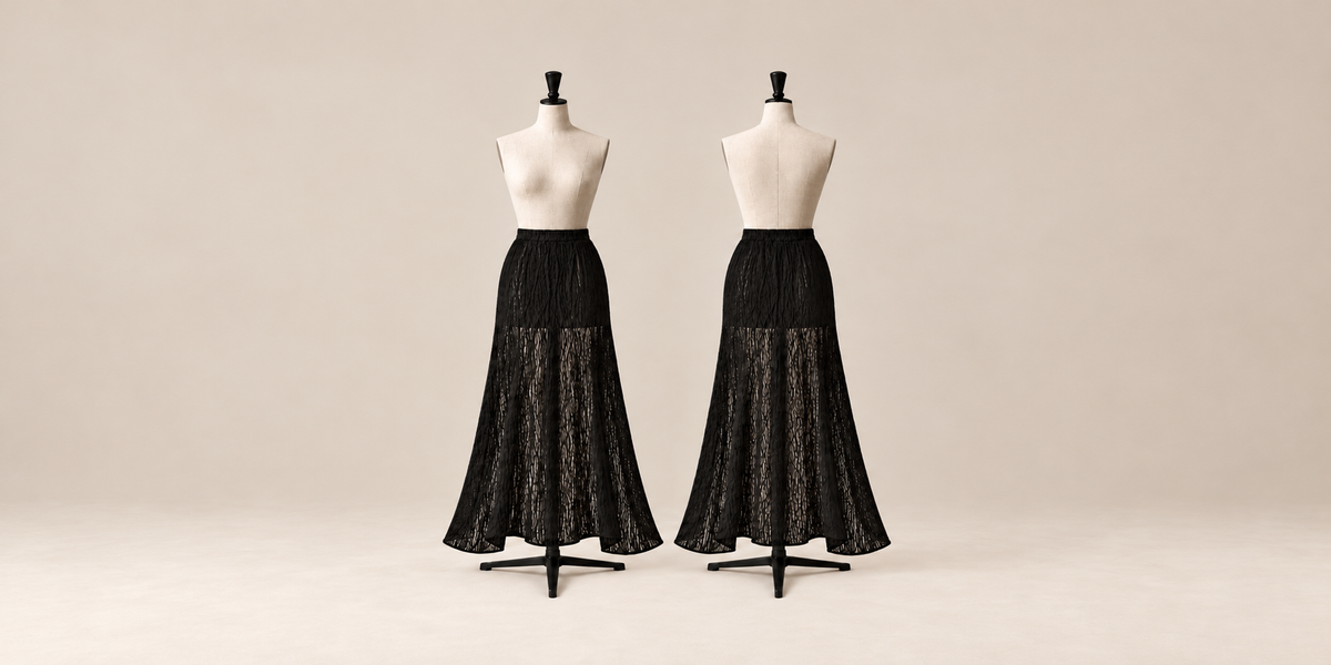 SoHo Skirt, midi A-line skirt in sheer rippled lace, lined to mini length, with a pointed handkerchief hem, made in Italy by The Ethos Studio
