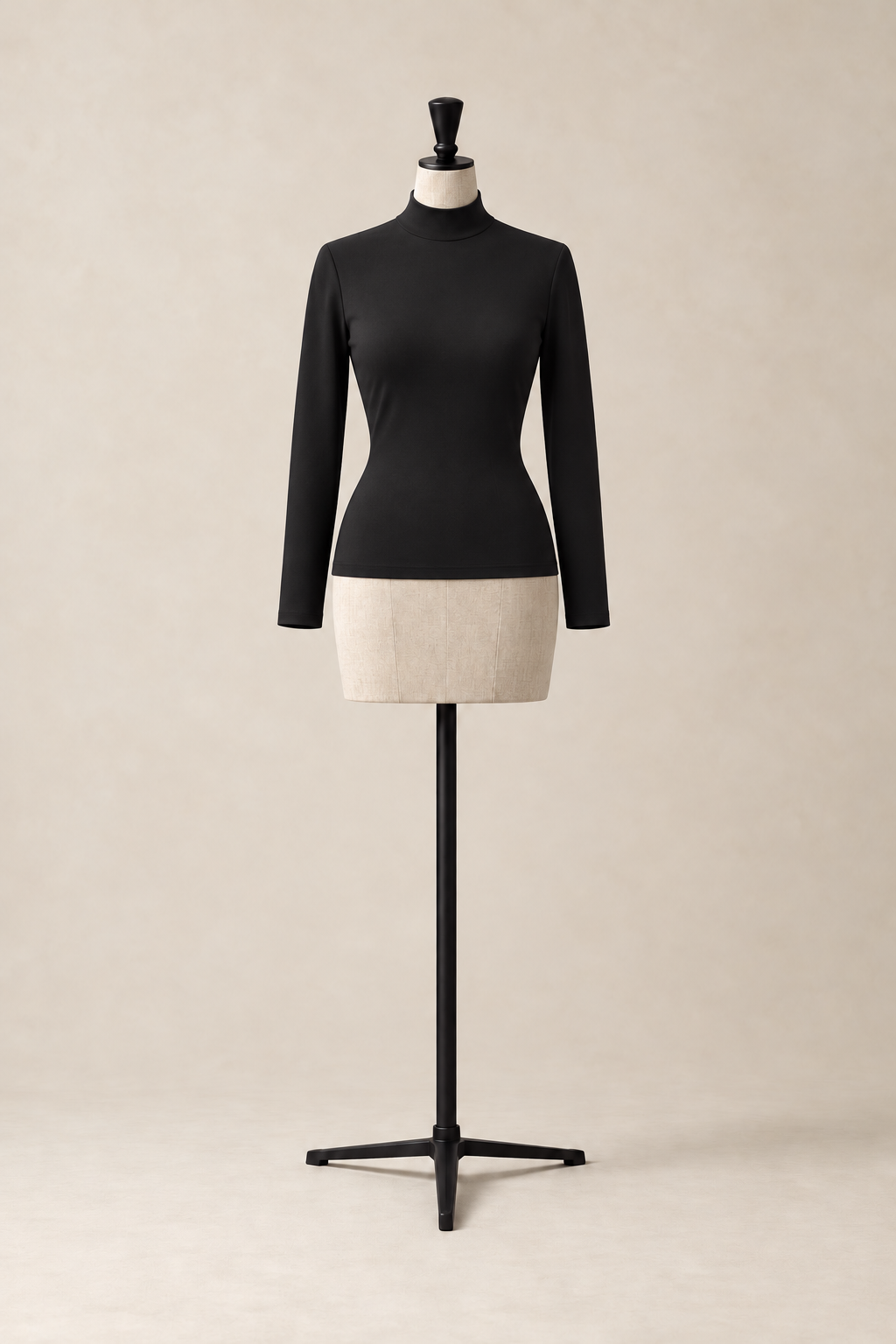 Spine Turtleneck in Black, fitted long-sleeve stretch-knit turtleneck with mother-of-pearl buttons down the spine, made in Italy by The Ethos Studio