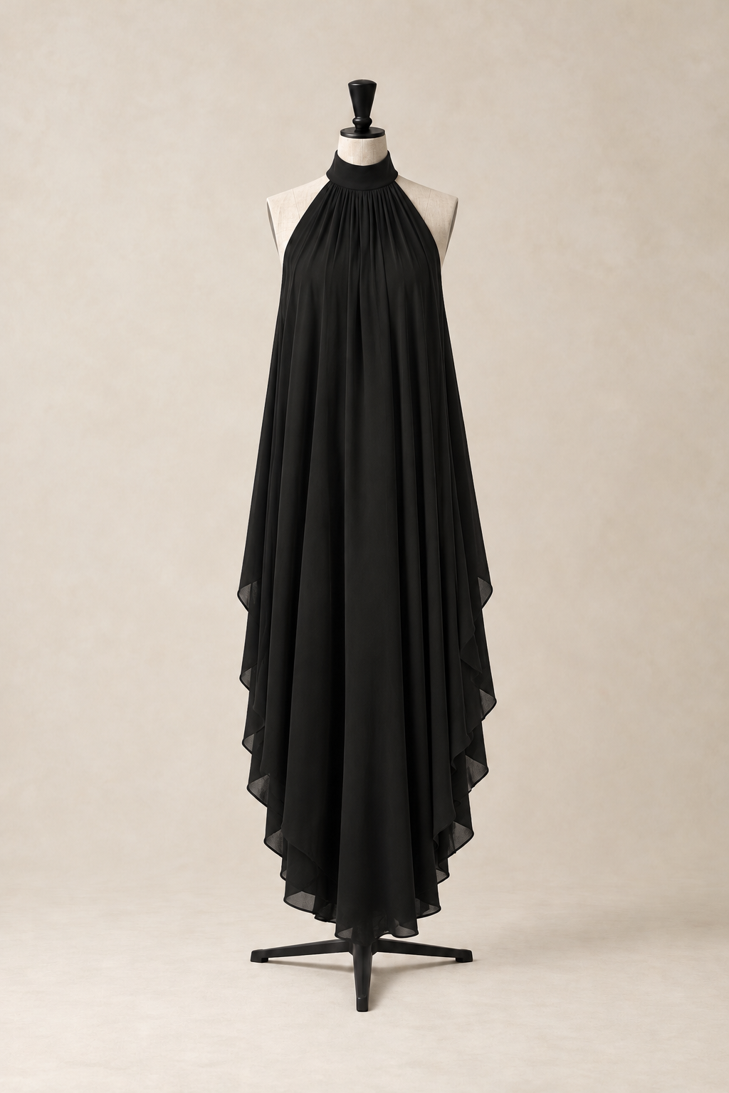 Vignette Dress, ankle-length halter dress in fluid viscose with a high gathered neckline and soft pleats, made in Italy by The Ethos Studio