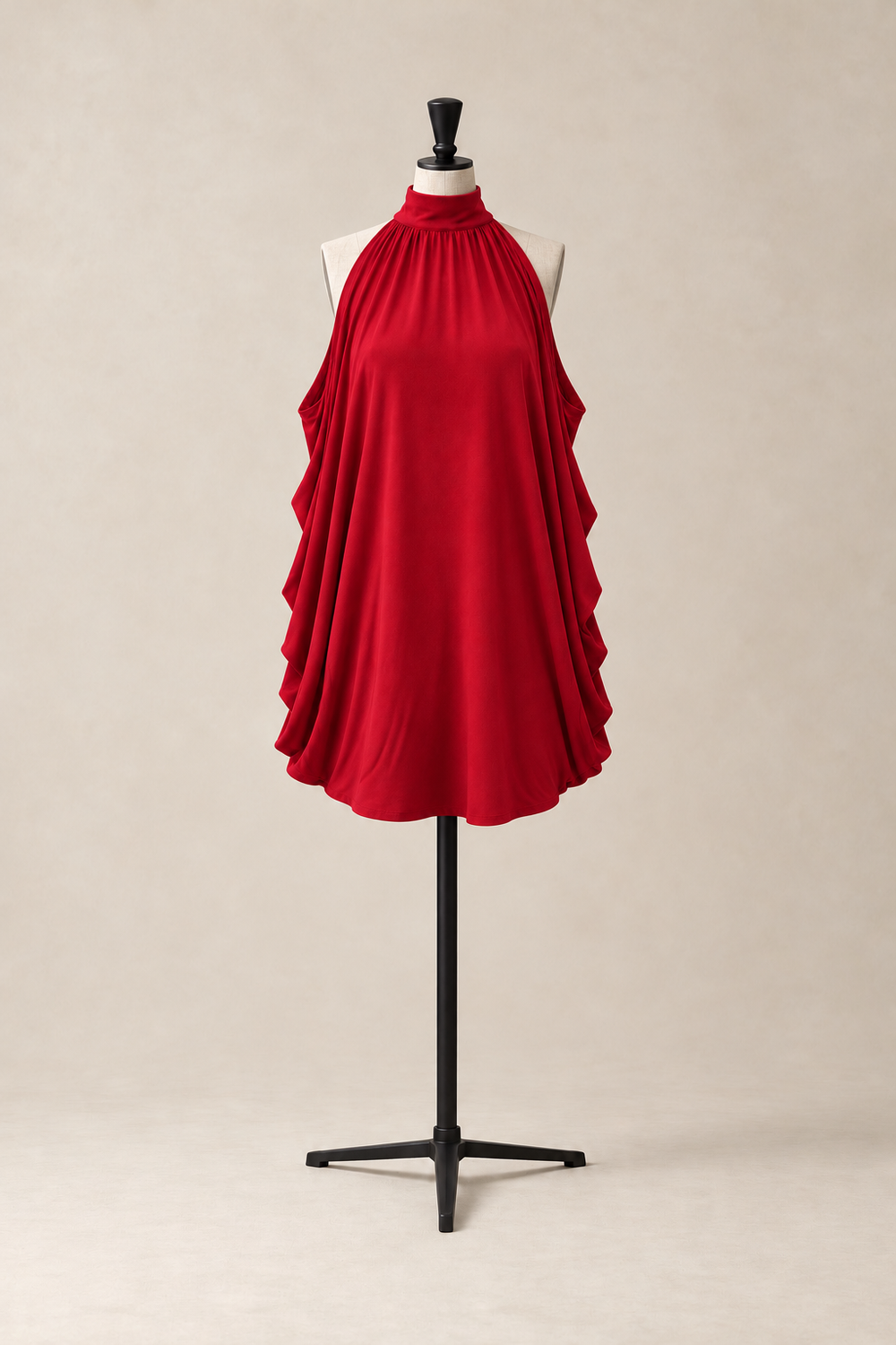 Vignette Mini/Top in Red, front view on a mannequin showing the high gathered halter neckline and soft pleats, made in Italy by The Ethos Studio